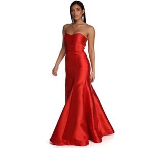 Red formal satin trumpet gown